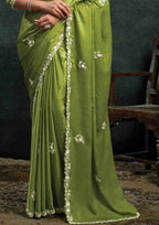 Pistachio Green Organza Silk Saree with Sequins & Thread Embroidery and Ivory Cream Satin Silk Unstitched Blouse
