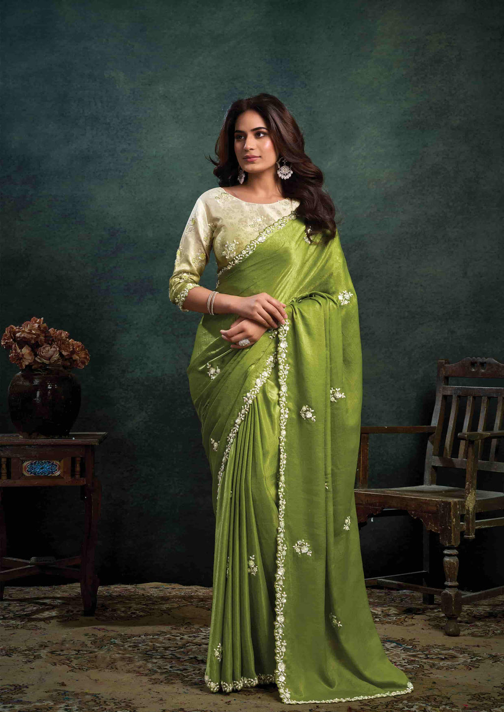 Pistachio Green Organza Silk Saree with Sequins & Thread Embroidery and Ivory Cream Satin Silk Unstitched Blouse