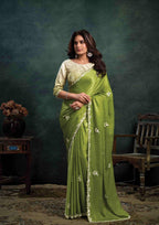 Pistachio Green Organza Silk Saree with Sequins & Thread Embroidery and Ivory Cream Satin Silk Unstitched Blouse