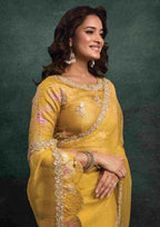 Mustard Yellow Organza Silk Saree with Sequins & Thread Embroidery and Mustard Yellow Satin Silk Unstitched Blouse