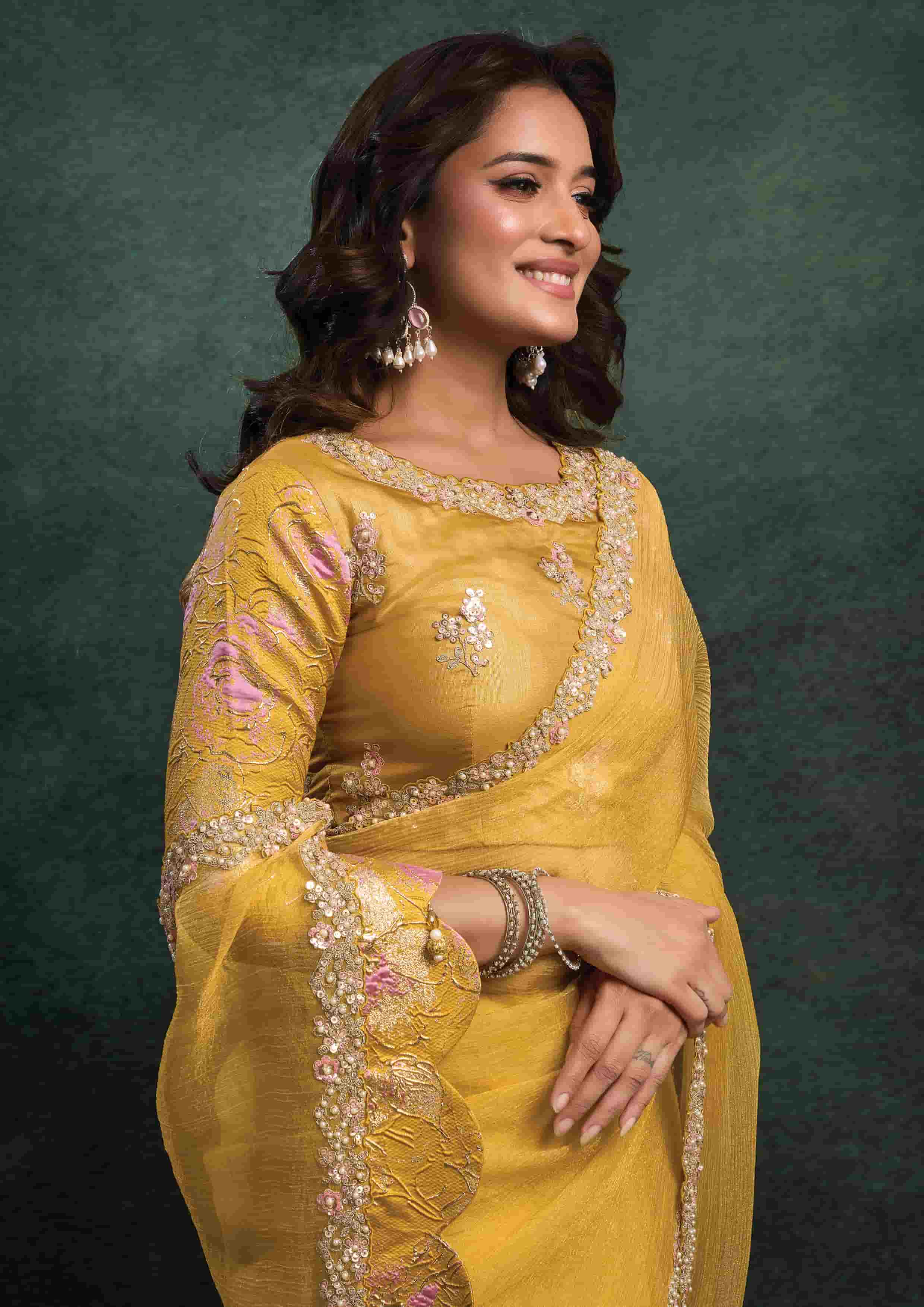 Mustard Yellow Organza Silk Saree with Sequins & Thread Embroidery and Mustard Yellow Satin Silk Unstitched Blouse