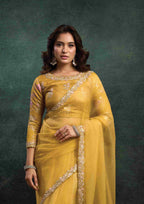 Mustard Yellow Organza Silk Saree with Sequins & Thread Embroidery and Mustard Yellow Satin Silk Unstitched Blouse