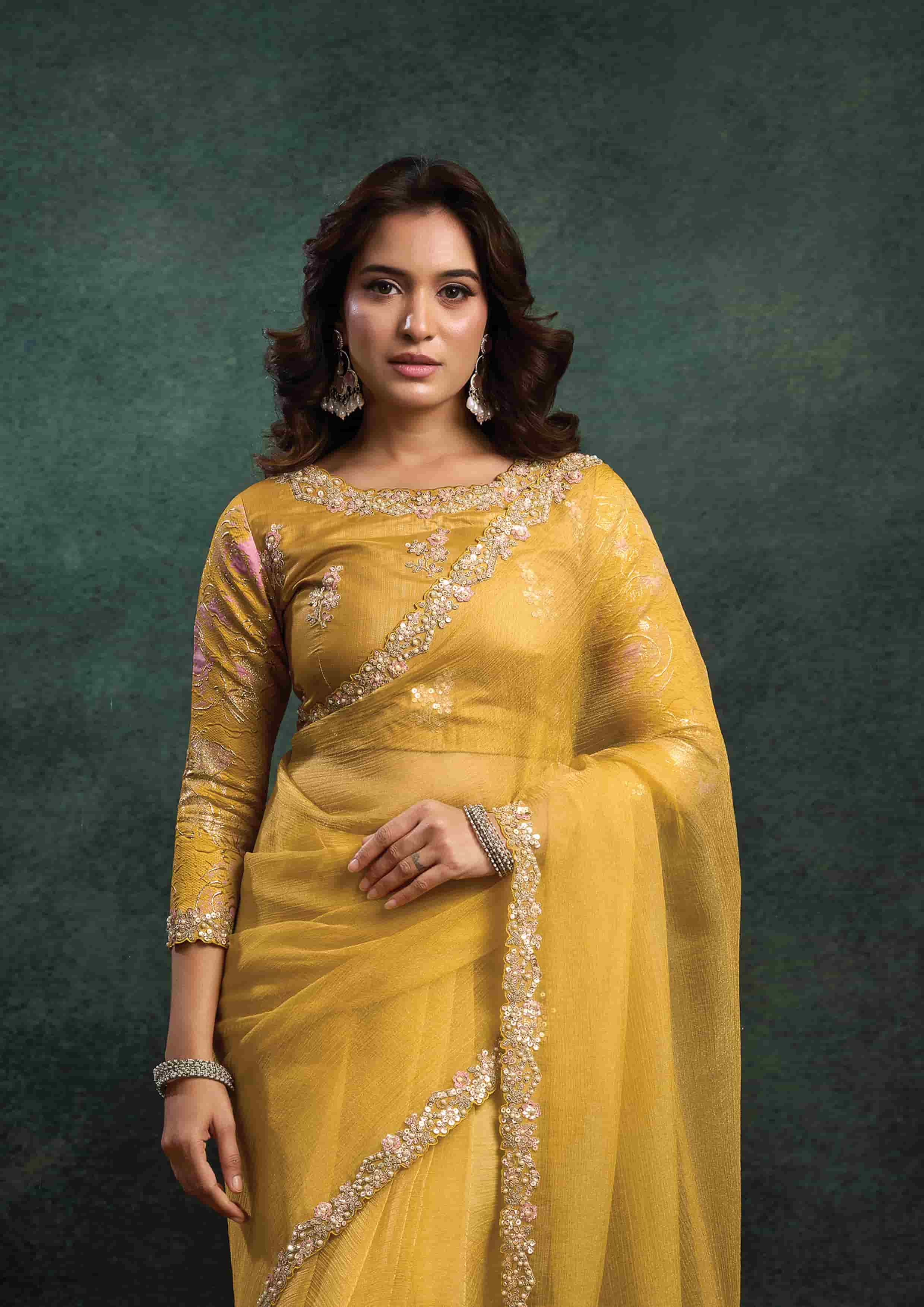 Mustard Yellow Organza Silk Saree with Sequins & Thread Embroidery and Mustard Yellow Satin Silk Unstitched Blouse