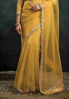 Mustard Yellow Organza Silk Saree with Sequins & Thread Embroidery and Mustard Yellow Satin Silk Unstitched Blouse