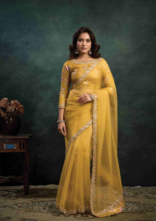 Mustard Yellow Organza Satin Silk Sequins & Zari Embroidered Saree
