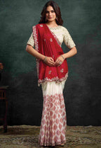 Crimson Red Organza Silk Saree with Sequins & Thread Embroidery and Ivory White Satin Silk Unstitched Blouse