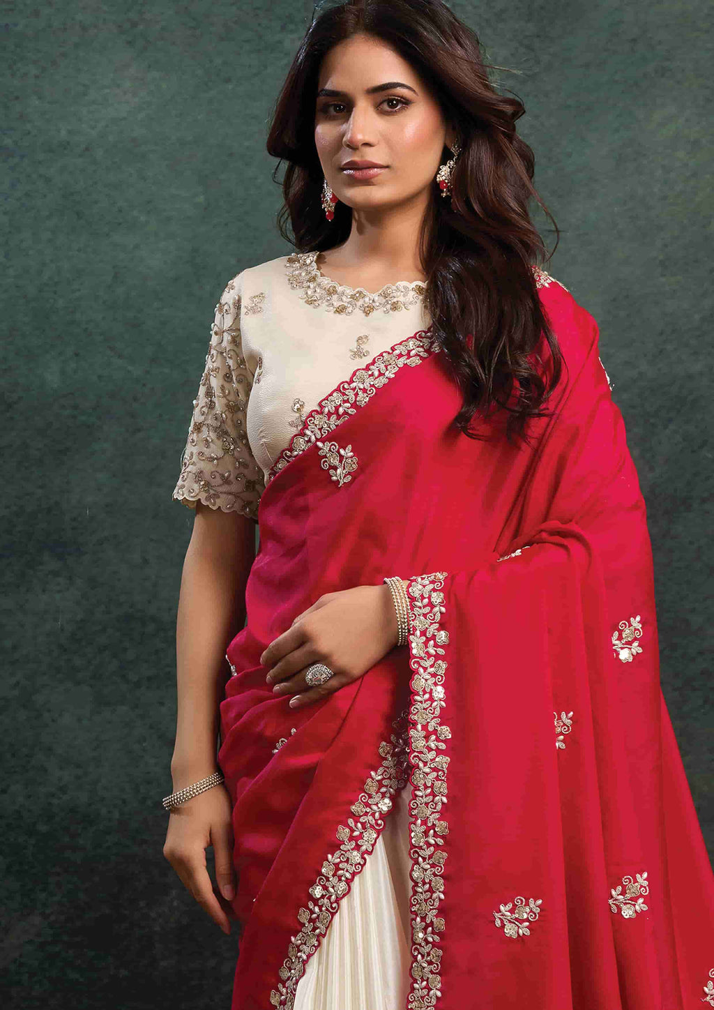 Crimson Red Organza Silk Saree with Sequins & Thread Embroidery and Ivory White Satin Silk Unstitched Blouse