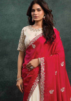 Crimson Red Organza Silk Saree with Sequins & Thread Embroidery and Ivory White Satin Silk Unstitched Blouse