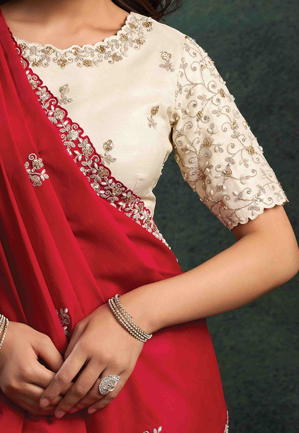 Crimson Red Organza Silk Saree with Sequins & Thread Embroidery and Ivory White Satin Silk Unstitched Blouse