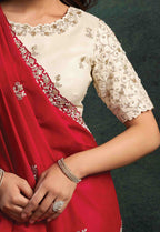 Crimson Red Organza Silk Saree with Sequins & Thread Embroidery and Ivory White Satin Silk Unstitched Blouse