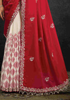 Crimson Red Organza Silk Saree with Sequins & Thread Embroidery and Ivory White Satin Silk Unstitched Blouse
