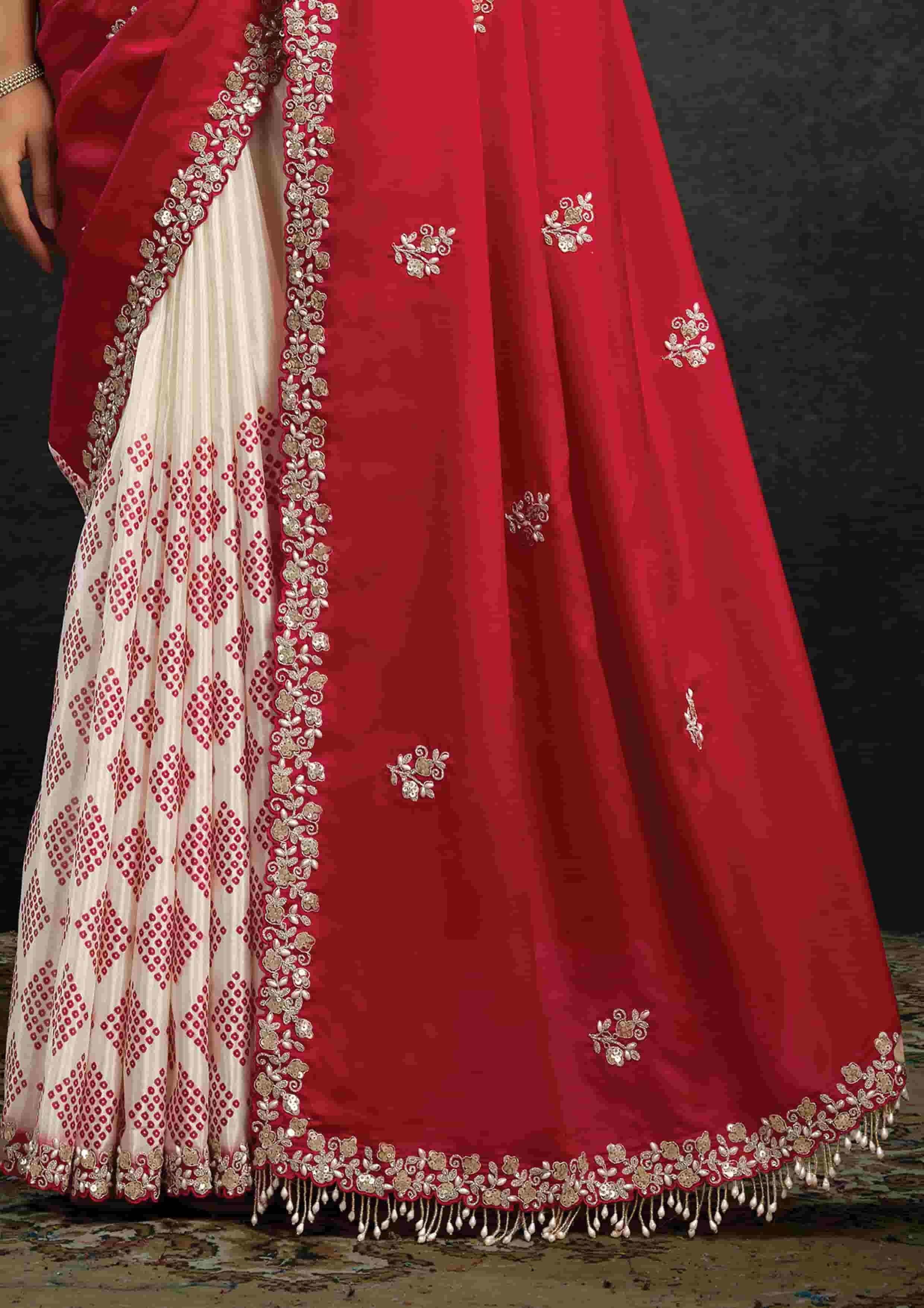 Crimson Red Organza Silk Saree with Sequins & Thread Embroidery and Ivory White Satin Silk Unstitched Blouse