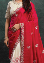 Crimson Red Organza Silk Saree with Sequins & Thread Embroidery and Ivory White Satin Silk Unstitched Blouse