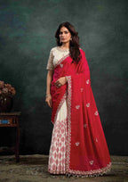 Crimson Red Organza Silk Saree with Sequins & Thread Embroidery and Ivory White Satin Silk Unstitched Blouse