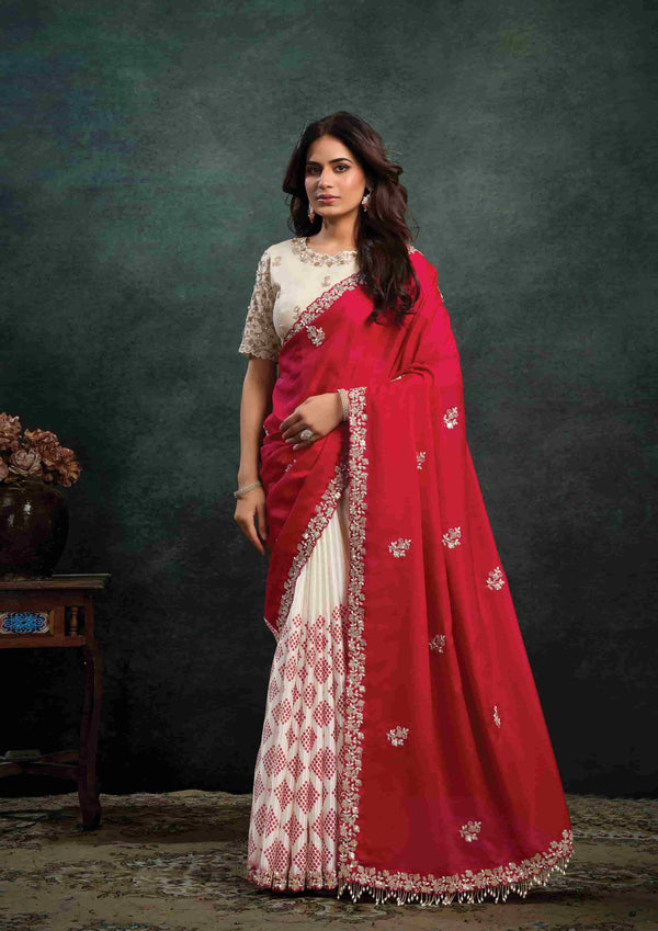 Crimson Red Organza Satin Silk Sequins & Stone Handwork Saree