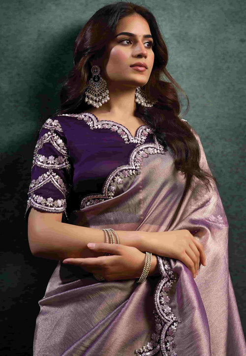 Beige Organza Satin Silk Sequins Work Saree