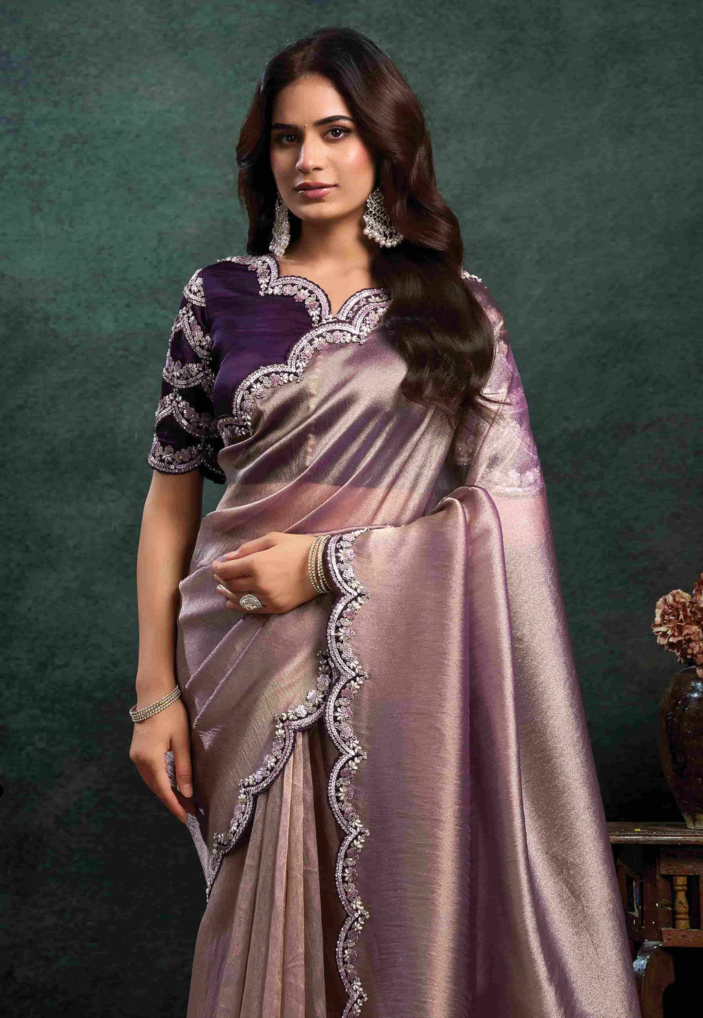 Champagne Mauve Organza Silk Saree with Sequins, Pearl & Stone Embroidery and Deep Plum Satin Silk Unstitched Blouse