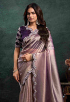Champagne Mauve Organza Silk Saree with Sequins, Pearl & Stone Embroidery and Deep Plum Satin Silk Unstitched Blouse