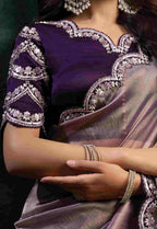 Champagne Mauve Organza Silk Saree with Sequins, Pearl & Stone Embroidery and Deep Plum Satin Silk Unstitched Blouse