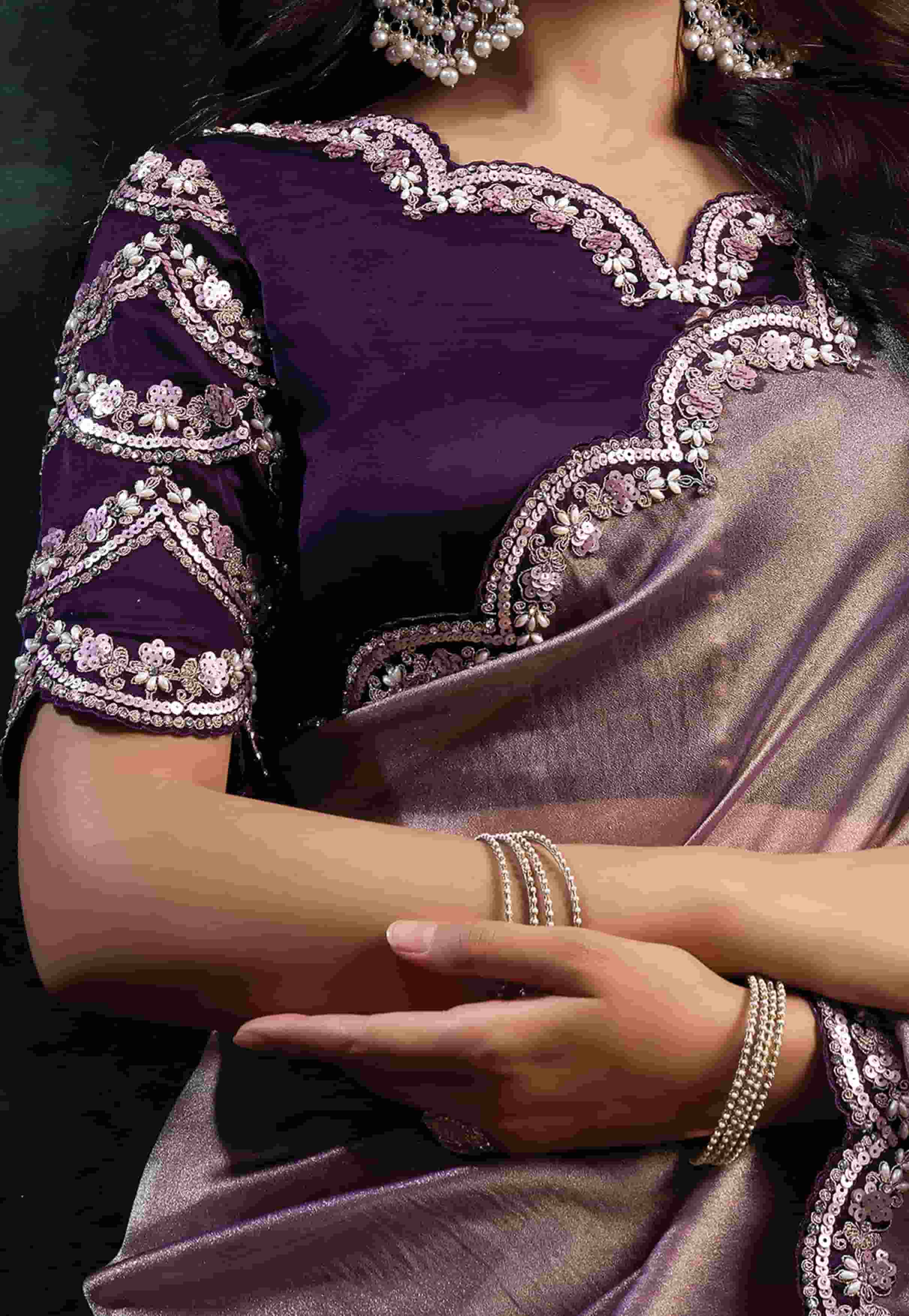 Champagne Mauve Organza Silk Saree with Sequins, Pearl & Stone Embroidery and Deep Plum Satin Silk Unstitched Blouse