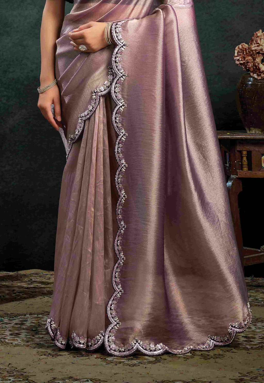 Champagne Mauve Organza Silk Saree with Sequins, Pearl & Stone Embroidery and Deep Plum Satin Silk Unstitched Blouse