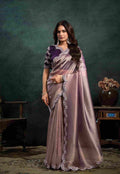 Champagne Mauve Organza Silk Saree with Sequins, Pearl & Stone Embroidery and Deep Plum Satin Silk Unstitched Blouse