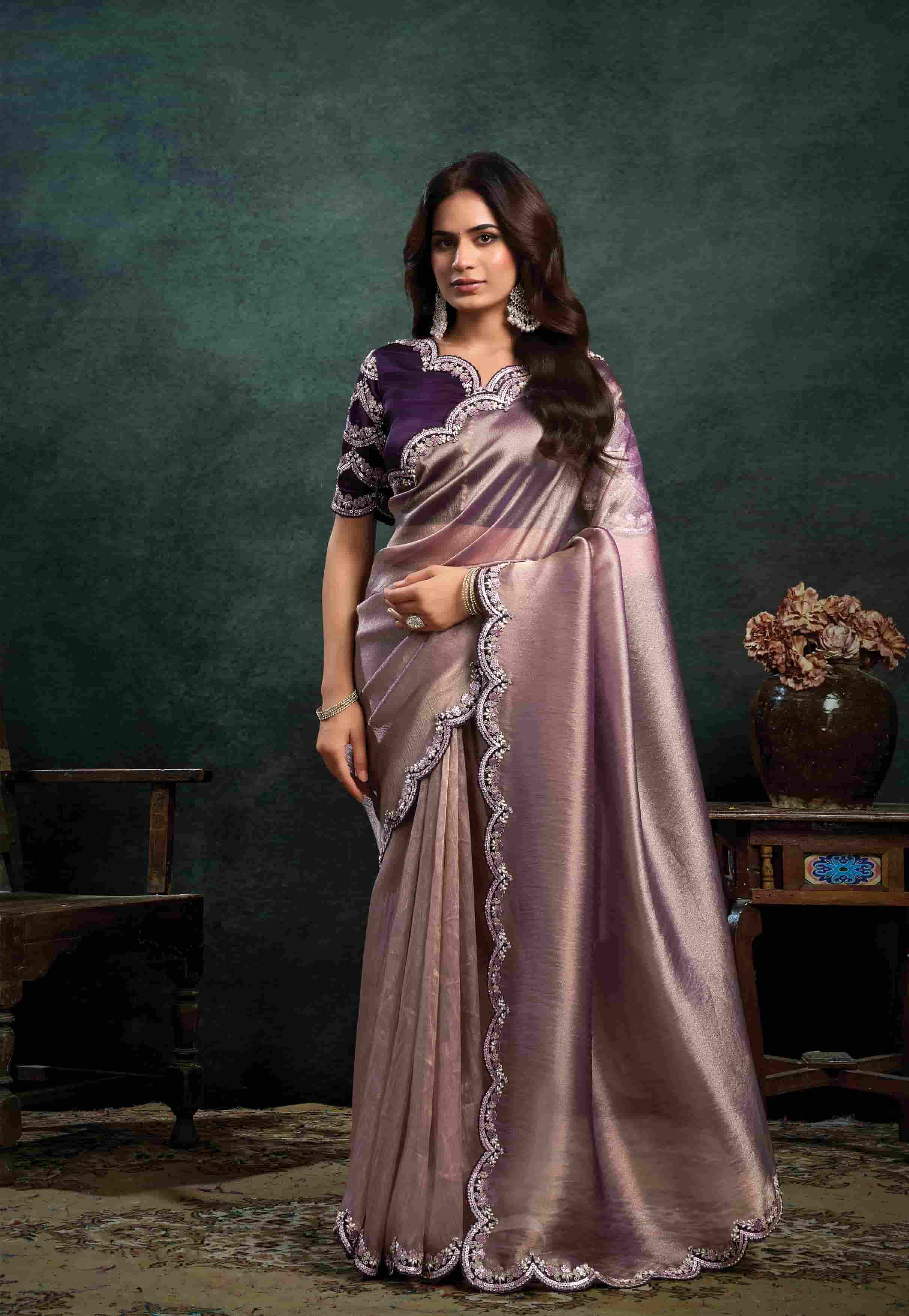 Champagne Mauve Organza Silk Saree with Sequins, Pearl & Stone Embroidery and Deep Plum Satin Silk Unstitched Blouse
