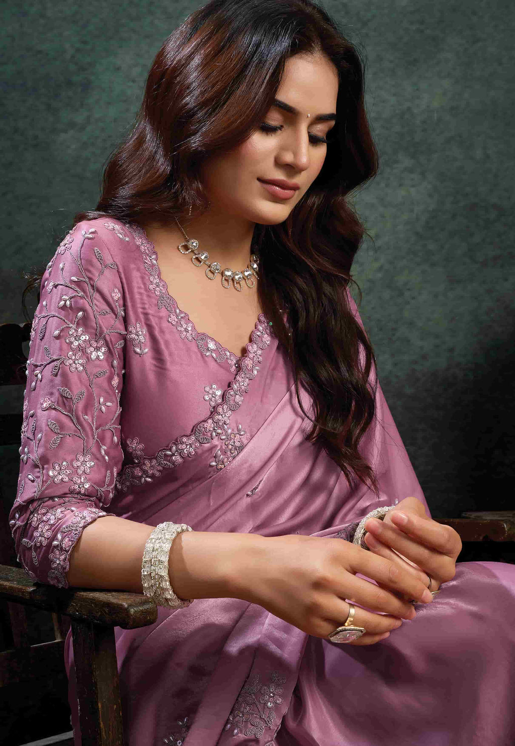 Dusty Mauve Organza Silk Saree with Sequins & Thread Embroidery and Dusty Mauve Satin Silk Unstitched Blouse