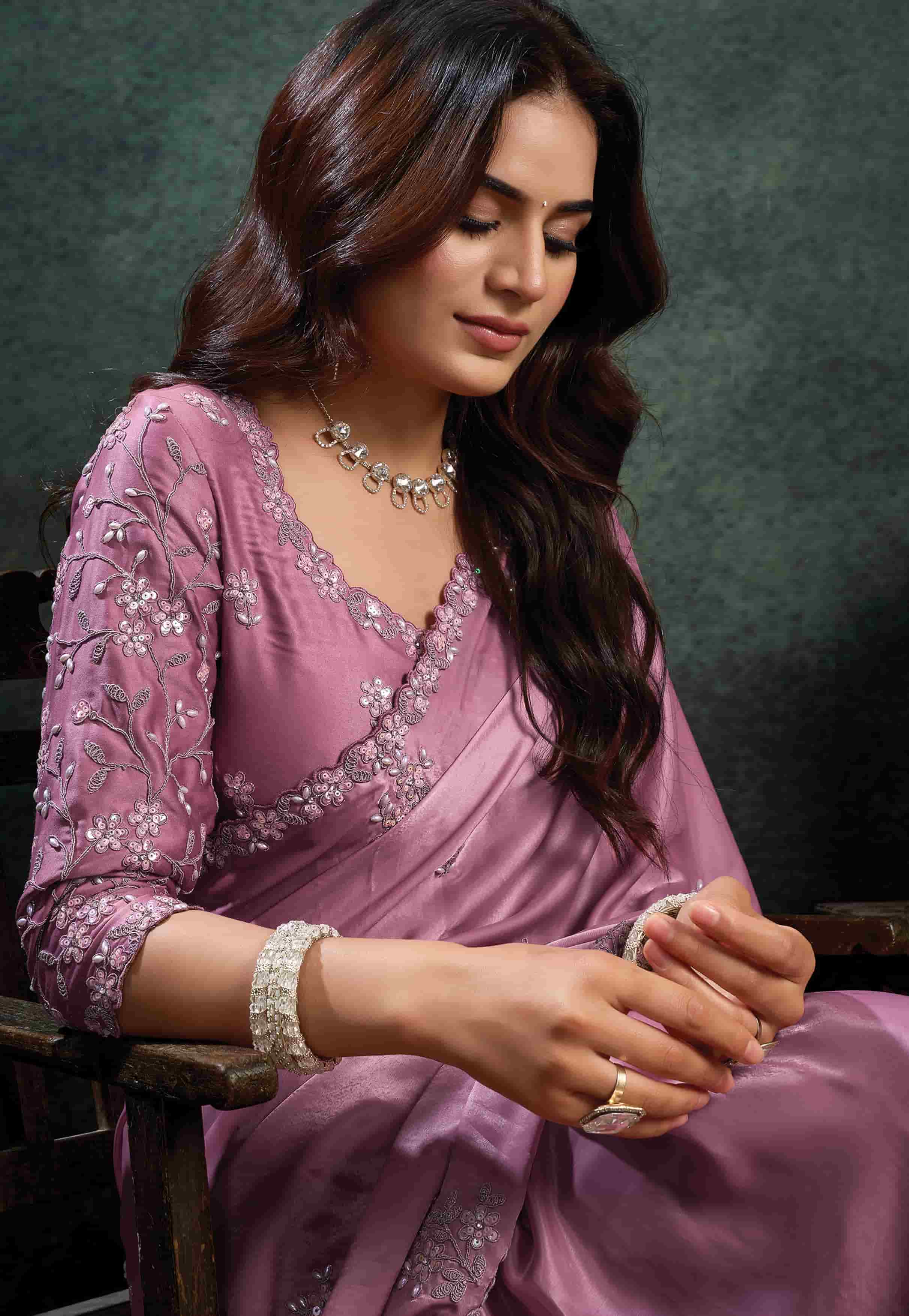 Dusty Mauve Organza Silk Saree with Sequins & Thread Embroidery and Dusty Mauve Satin Silk Unstitched Blouse