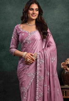 Dusty Mauve Organza Silk Saree with Sequins & Thread Embroidery and Dusty Mauve Satin Silk Unstitched Blouse