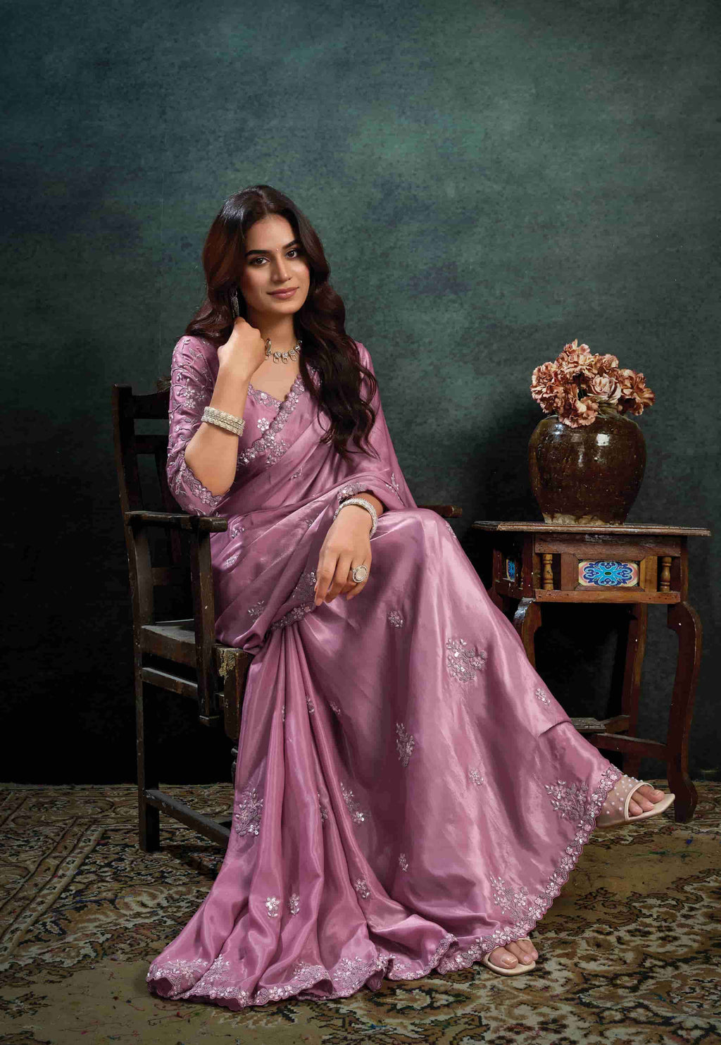 Dusty Mauve Organza Silk Saree with Sequins & Thread Embroidery and Dusty Mauve Satin Silk Unstitched Blouse