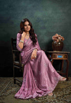 Dusty Mauve Organza Silk Saree with Sequins & Thread Embroidery and Dusty Mauve Satin Silk Unstitched Blouse