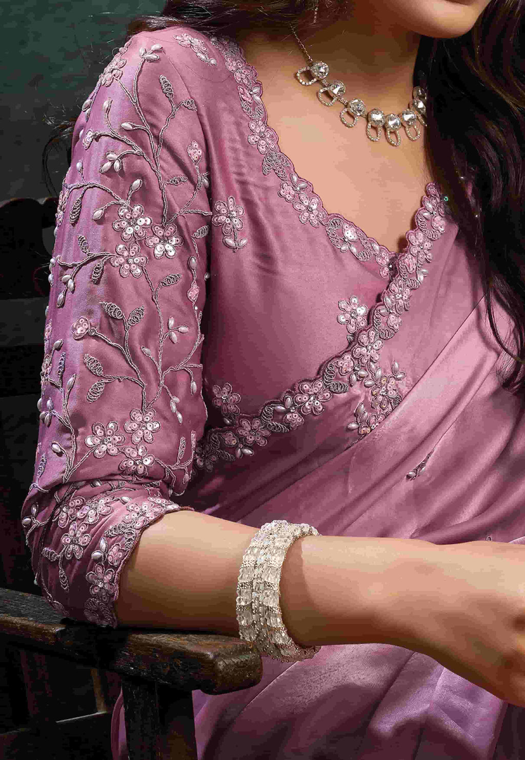 Dusty Mauve Organza Silk Saree with Sequins & Thread Embroidery and Dusty Mauve Satin Silk Unstitched Blouse