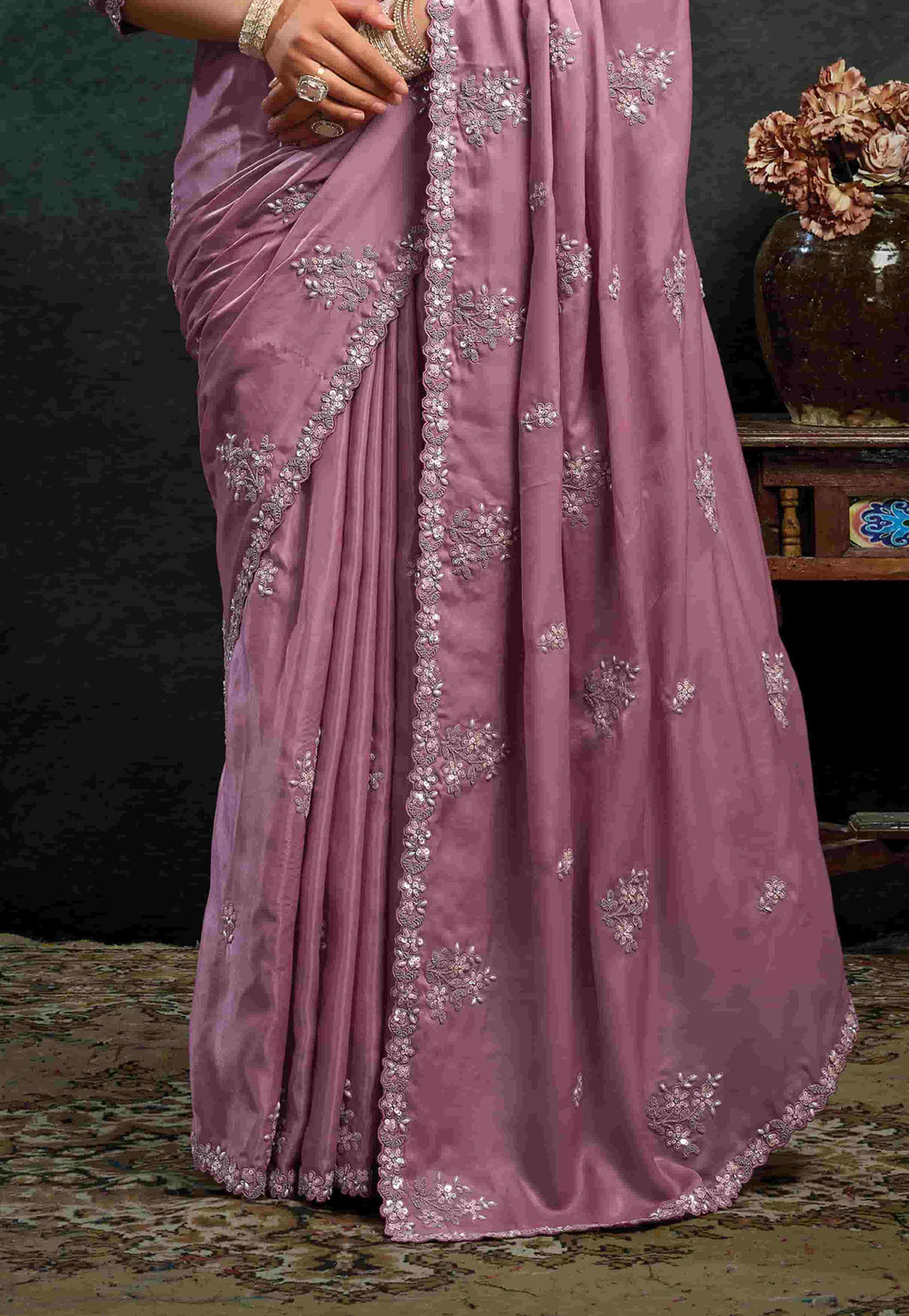 Dusty Mauve Organza Silk Saree with Sequins & Thread Embroidery and Dusty Mauve Satin Silk Unstitched Blouse