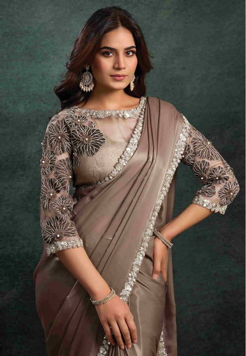 Front View of Taupe Organza Silk Saree