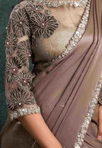 Floral Embroidery Detail of Taupe Organza Silk Saree