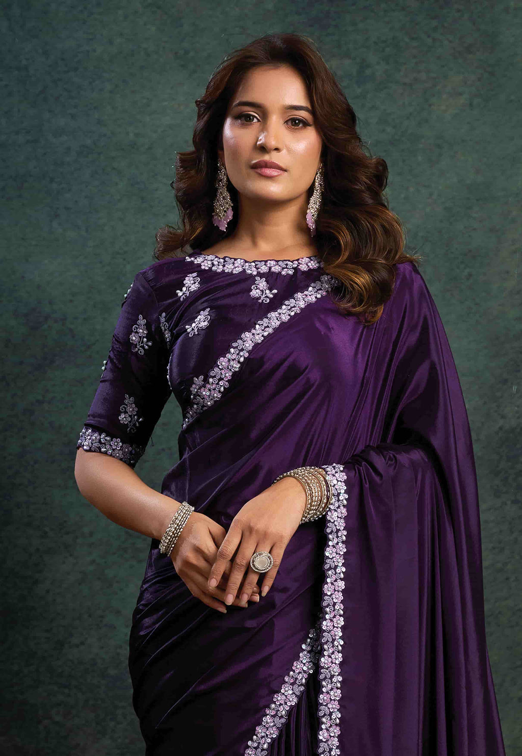 Blouse Detail of Royal Purple Satin Silk Unstitched Blouse