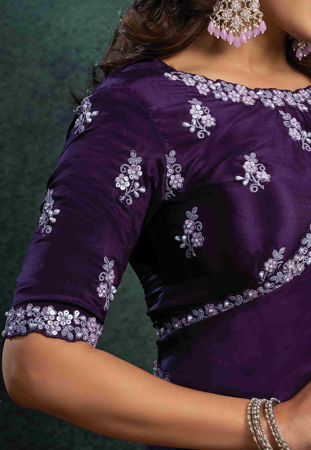 Zari & Sequins Embroidery Detail of Royal Purple Organza Silk Saree
