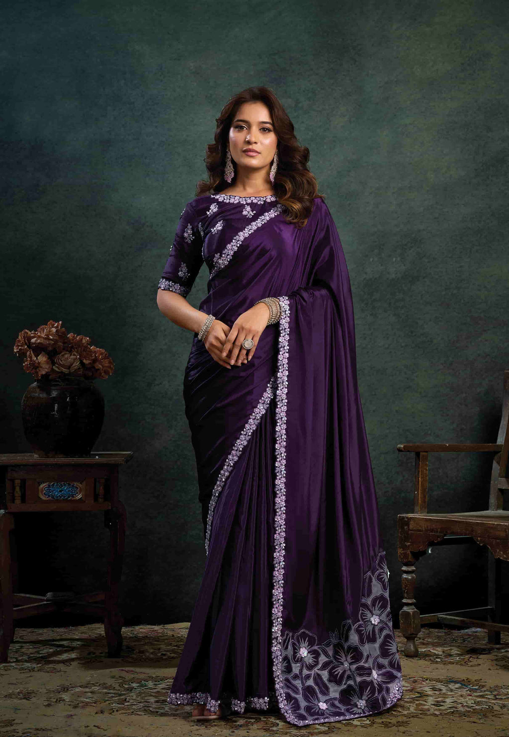 Royal Purple Organza Silk Saree with Zari & Sequins Embroidery and Royal Purple Satin Silk Unstitched Blouse