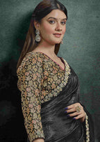 Front View of Charcoal Black Organza Silk Saree