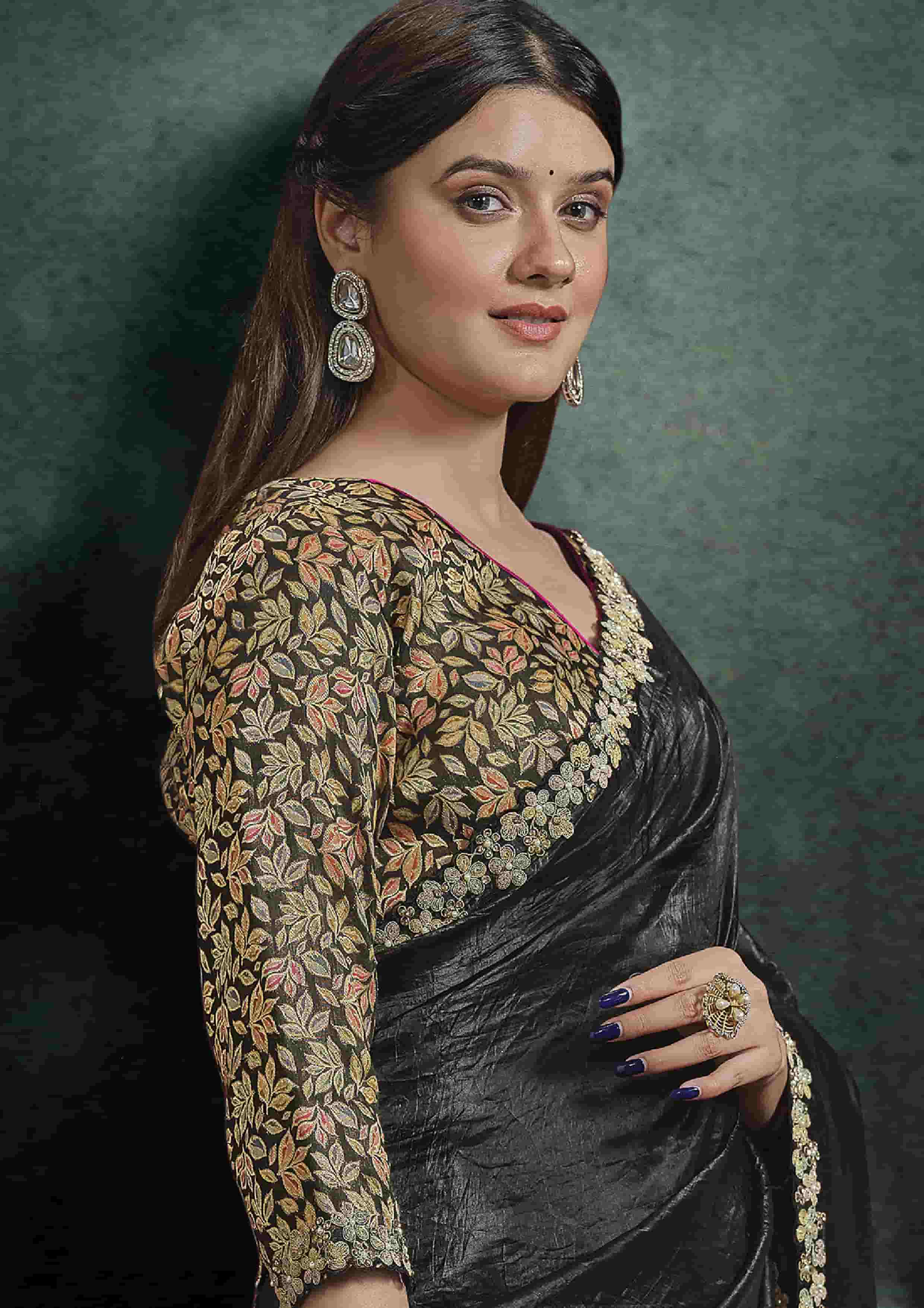 Front View of Charcoal Black Organza Silk Saree