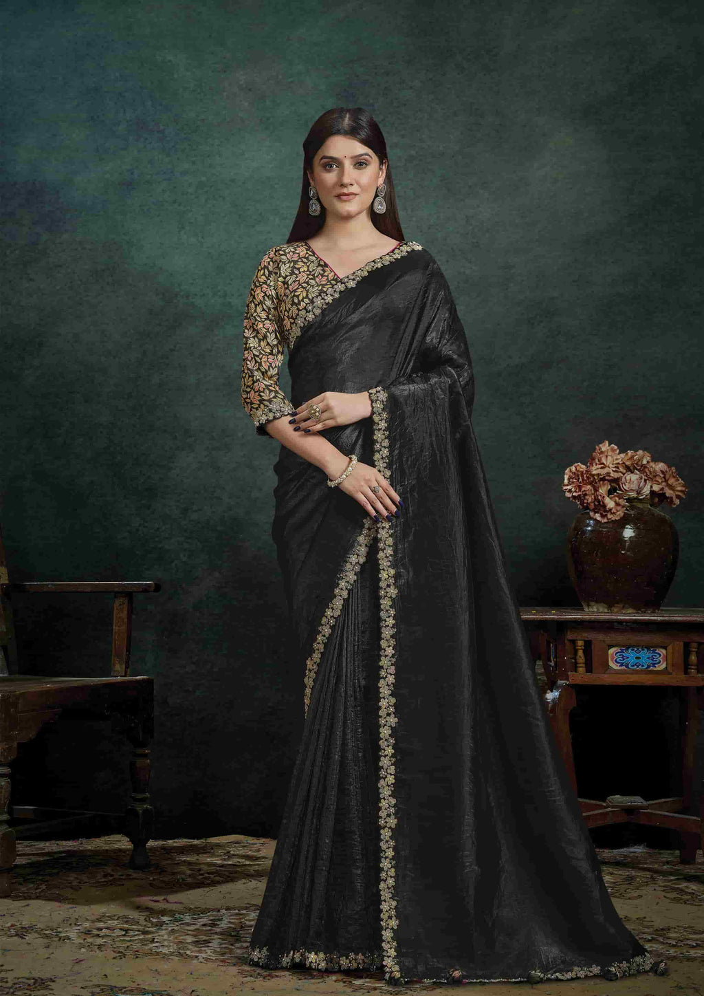 Charcoal Black Organza Silk Saree with Sequins Embroidery and Black Satin Silk Unstitched Blouse