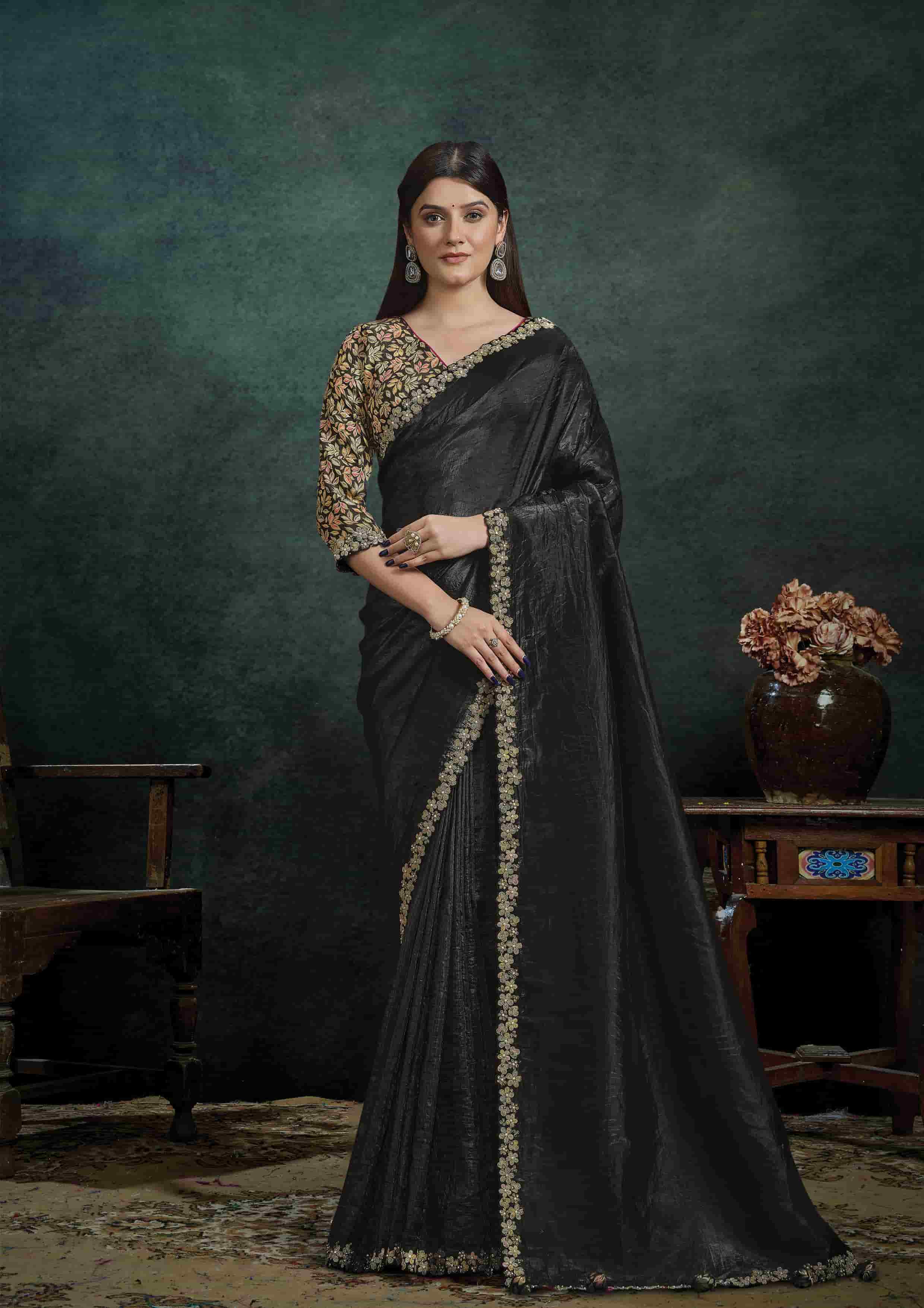 Charcoal Black Organza Silk Saree with Sequins Embroidery and Black Satin Silk Unstitched Blouse