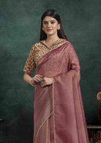 Front View of Dusty Rose Organza Silk Saree
