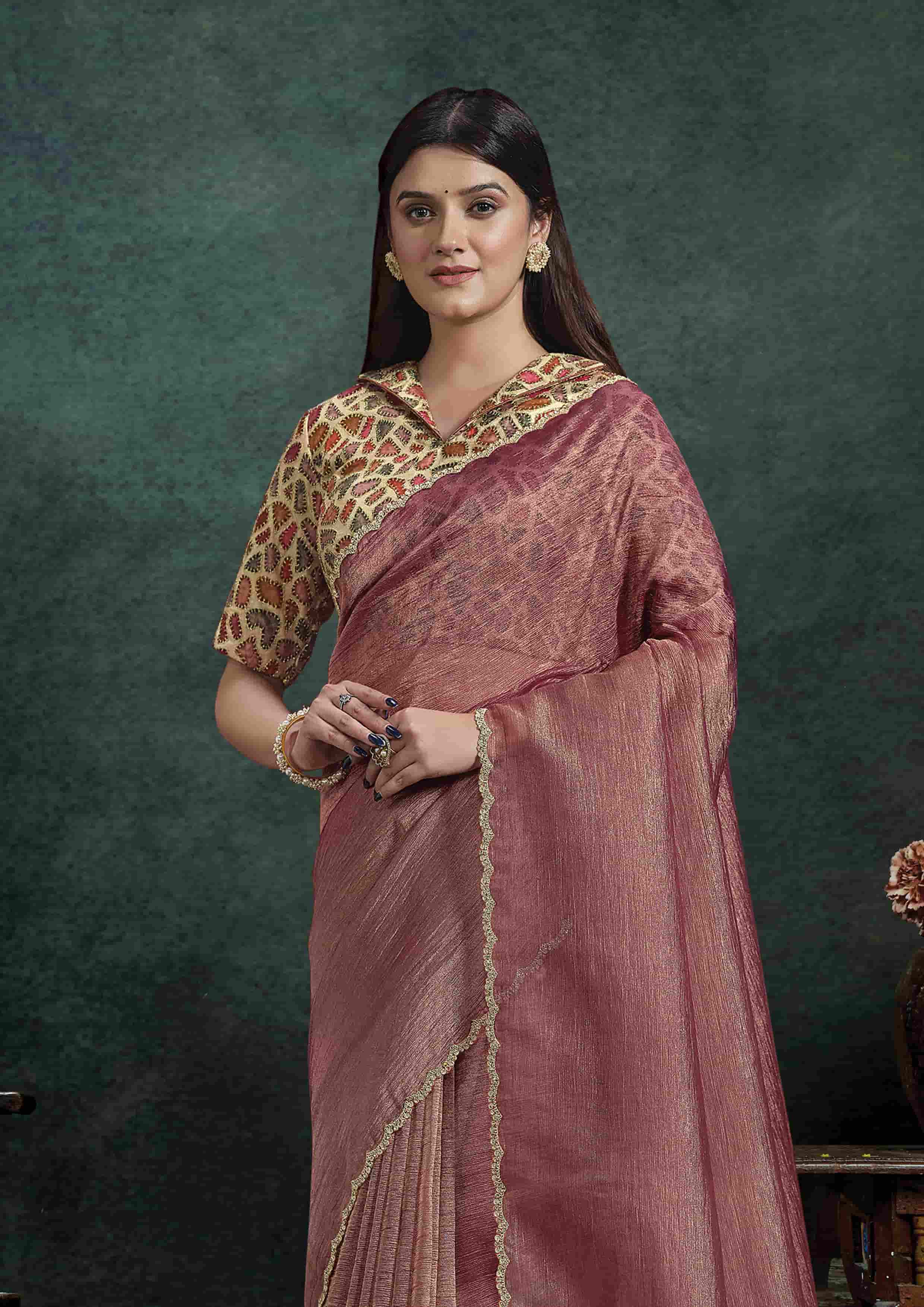 Front View of Dusty Rose Organza Silk Saree