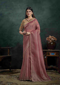 Dusty Rose Organza Silk Saree with Sequins Embroidery and Beige & Rust Satin Silk Unstitched Blouse