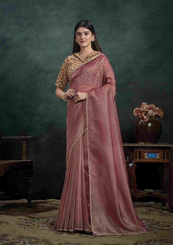 Dusty Rose Organza Silk Saree with Sequins Embroidery and Beige & Rust Satin Silk Unstitched Blouse