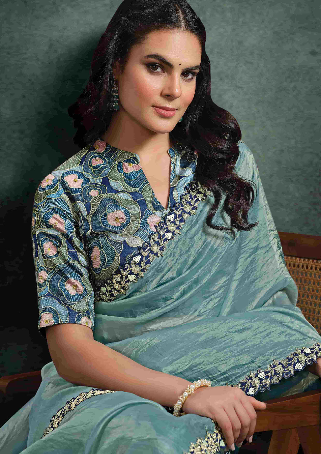 Front View of Powder Blue Organza Silk Saree