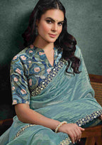 Front View of Powder Blue Organza Silk Saree