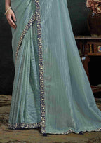 Floral Embroidery Detail of Powder Blue Organza Silk Saree